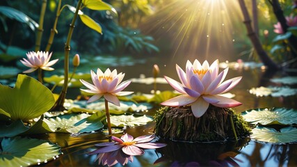 Sticker - Water Lily Pond with Sun Rays.