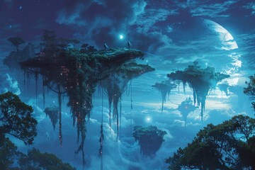 Wall Mural - Floating Islands in a Dreamlike Night Sky