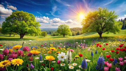 Wall Mural - Idyllic spring meadow with colorful flowers and lush green grass, spring, meadow, isolated, flowers, colors, green, grass