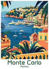 Wall Mural - Monaco Monte Carlo Poster Illustration Travel Print Decor Gift Paper Canvas Wall Retro Art