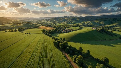 Sticker - Aerial View of Rolling Green Hills and Farmland in the English Countryside.