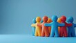 © Tackey - Group of colorful figurines hugging in a circle, symbolizing unity, teamwork, and community on a blue background. 3D Illustration.