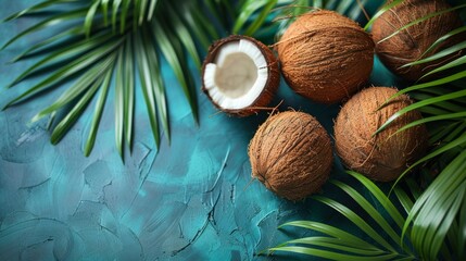 An artistic display of coconuts with lush green palm leaves arranged on a blue textured background evoking tropical vibes