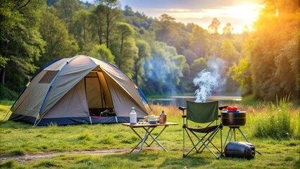 Wall Mural - Camping outdoors with lots of sunlight, featuring a tent, camping chairs, BBQ rack, and more, camping, outdoors, sunlight