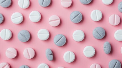 Wall Mural - Round and oval pills in white and grey on pink background Overhead view of medication