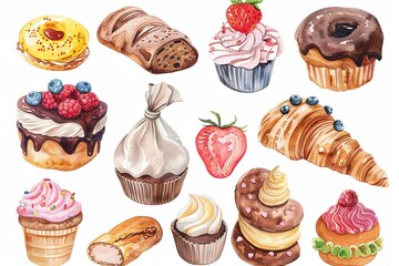 Sticker - Bakery Delights Sticker Set: A whimsical sticker set featuring watercolor illustrations of bakery delights such as cupcakes