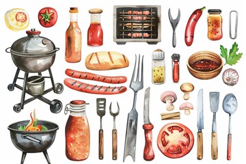 Wall Mural - Barbecue Essentials Sticker Set: A vibrant digital sticker set featuring watercolor illustrations of barbecue essentials