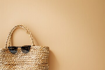 Sticker - Beach Bag and Sunglasses: A flat lay of a woven beach bag with a pair of sunglasses peeking out