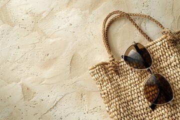 Wall Mural - Beach Bag and Sunglasses: A flat lay of a woven beach bag with a pair of sunglasses peeking out