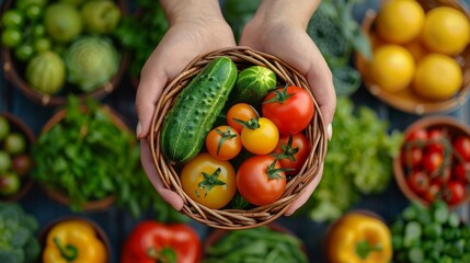 Sticker - A variety of fresh vegetables held in a woven basket by a pair of hands, set against a blurred background of vibrant produce