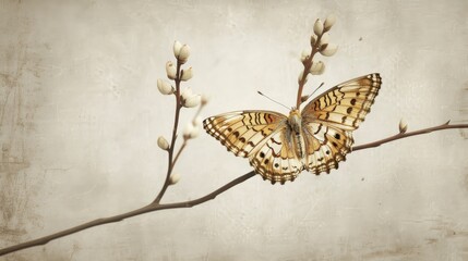 Sticker - Vintage Style Butterfly Perched on Willow Branch