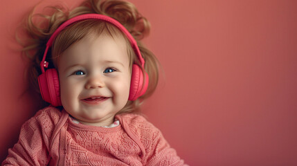 Wall Mural - Smiling Baby with Headphones - Digital Integration Ready