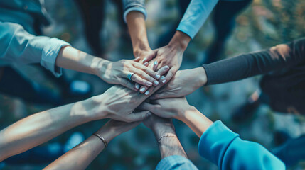 Wall Mural - A group of diverse people joining their hands together over blurred background , symbolizing unity , teamwork and cooperation in a workplace or community