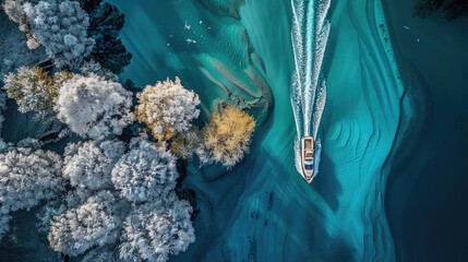 Wall Mural - Aerial view of a boat cruising through crystal clear turquoise waters surrounded by frosted trees on a bright winter day.