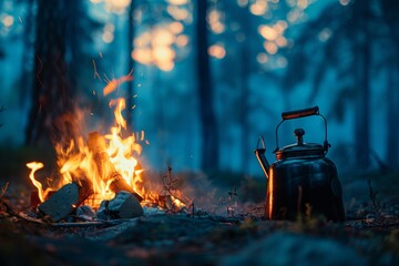 Enchanting forest campfire with vintage kettle at dusk