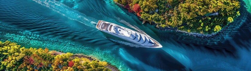 Wall Mural - A luxurious yacht cruising through picturesque turquoise waters surrounded by lush green islands. Perfect for travel and adventure themes.