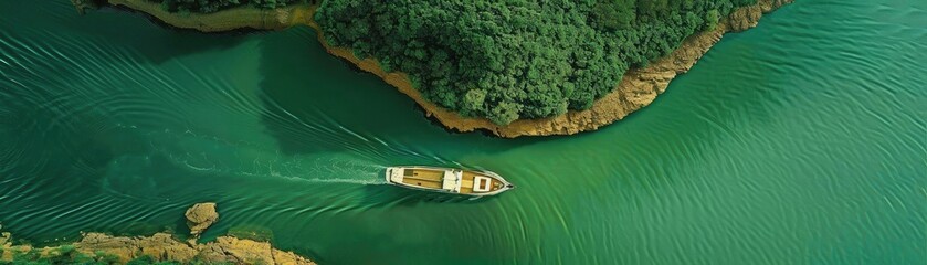 Wall Mural - Aerial view of a boat cruising through vibrant green waters surrounded by lush greenery and rocky shoreline, showcasing serene natural beauty.