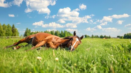 A brown horse is laying down in a field of grass