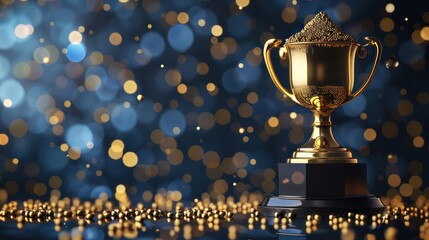 Wall Mural - a striking image of a golden trophy set against a dazzling backdrop of glittery bokeh lights, symbol