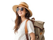 © YauheniyaA - young attractive Asian woman traveler in casual clothes wearing straw hat with backpack isolated on transparent background, Tourist girl having cheerful holiday trip concept
