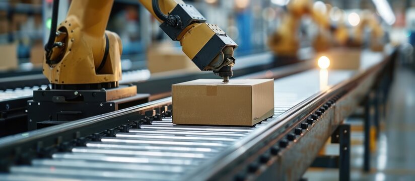 A robot is working on a box in a factory