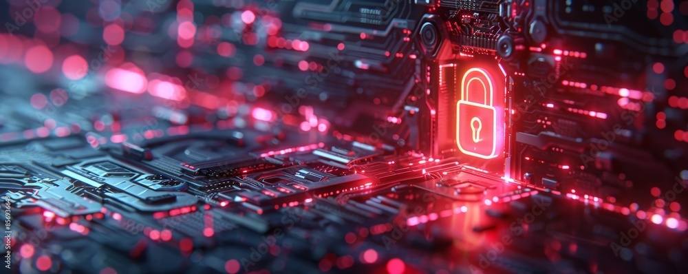 Cybersecurity technology background with a red lock icon glowing on a ...