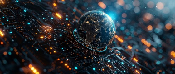 Futuristic digital representation of Earth with glowing circuits and lights, symbolizing global connectivity and advanced technology.