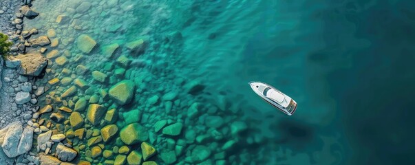 Wall Mural - Aerial view of a white boat floating in crystal clear turquoise water near the rocky shoreline. Idyllic and serene scape.