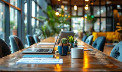 stylish meeting space snapshot focusing on a neatly arranged table with coffee, a laptop, insightful business papers, and welcoming chairs, complemented by the urban grandeur of skyscraper