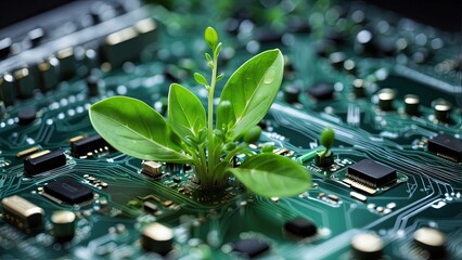 Green sprout on a computer chip. Organic digital background. green, laboratory, digital, leaf, background, organic, eco, growth, ecology, life, technology, nature, water, environment, plant, 