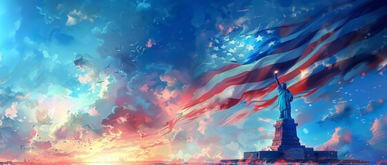 Vibrant, patriotic artwork featuring the Statue of Liberty with flowing American flag against a colorful sky, representing freedom and national pride.