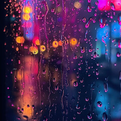 Wall Mural - neon raindrops falling on a window