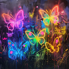Wall Mural - neon butterflies fluttering in a meadow