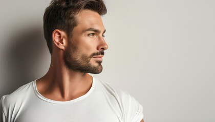 Wall Mural - Profile Portrait of Handsome Man with Beard in White T-Shirt Against Minimalist Background with Copy Space