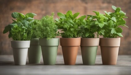 Wall Mural - A row of six potted plants with various types of herbs and greens, such as mint.