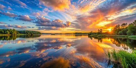 Wall Mural - Summer landscape with beautiful sunset sky reflecting on calm lake, summer, landscape, sunset, sky, beautiful, calm, lake
