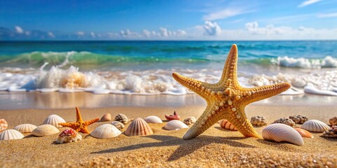 Sticker - Starfish and seashells scattered on sandy beach with ocean waves in background, starfish, seashells, sandy beach