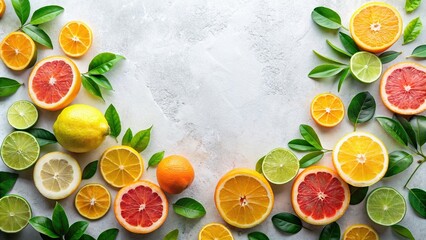 Wall Mural - Flat lay of vibrant citrus fruits and leaves on a light background for a refreshing summer wallpaper, lemons, blood oranges