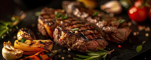 Wall Mural - Perfectly grilled steaks garnished with herbs and vegetables on a black plate, showcasing a delicious and savory meal.