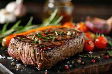 Poster - Delicious juicy grilled steak with vegetables on a wooden board garnished with peppercorns and rosemary in a close-up view.