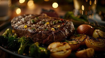 Poster - Succulent grilled steak with roasted potatoes and mixed vegetables, garnished with herbs and spices, beautifully presented on a dinner plate.