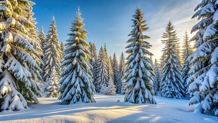Wall Mural - Snow covered pine trees in a winter forest, winter, cold, snowy, icy, frosty, holiday, season, white, pine trees, forest