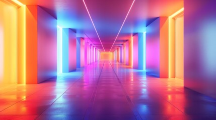 Wall Mural - A long hallway with neon lights on the walls