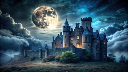 Old castle lit up by moonlight with eerie shadows and atmospheric clouds, castle, night, moonlight, spooky, haunted