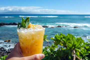 Wall Mural - Cocktail with ice in hand and beach and sea in the background. Summer holiday.