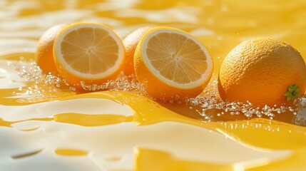 Wall Mural - Three oranges are floating in a pool of water