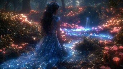 Canvas Print - Model posing in a bioluminescent forest at night, wearing an ethereal gown that glows in the dark