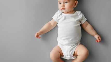 baby dressed in a plain white onesie lying on a smooth gray background, capturing the innocence and simplicity of early childhood in a soft, warm tone.