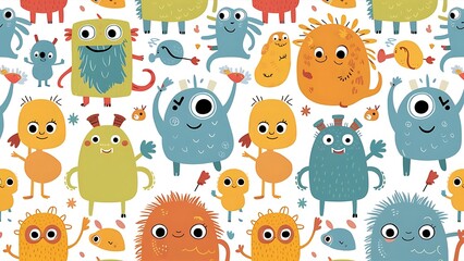 Vector cute doodle monsters seamless pattern