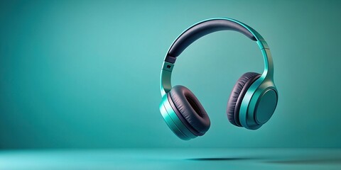 Wall Mural - Levitating wireless headphones floating on a cyanite background , technology, music, audio, futuristic, innovation